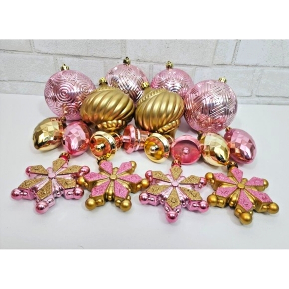 Pink Gold Round Snowflakes Bells Ornaments 18 Pc Christmas‎ Shabby Chic NEW - Picture 9 of 9